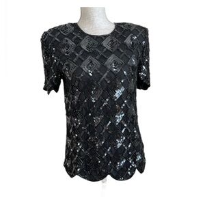 Vintage Night Vogue Black Silk Sequin Scalloped Top Small Dressy Sparkle